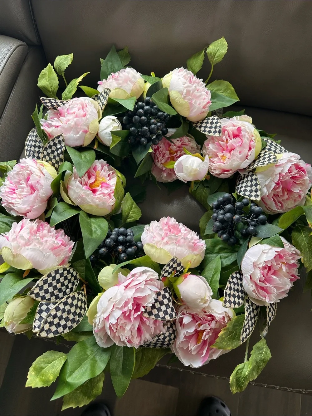 Mackenzie Childs Pink Peony Floral Wreath with Green Leaves - Home Accents